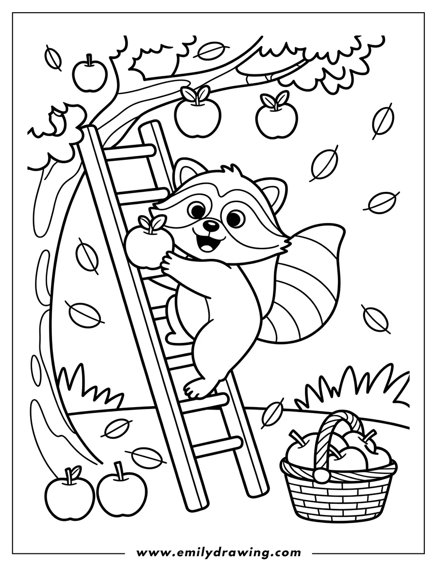 Line art of a raccoon climbing a ladder to pick apples from a tree. A basket sits at the base of the ladder, ready for the apples.  Autumn leaves are falling around the raccoon.