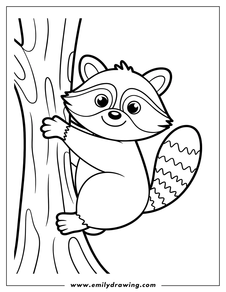 Line art of a raccoon climbing a tree. It has a striped tail and is smiling.