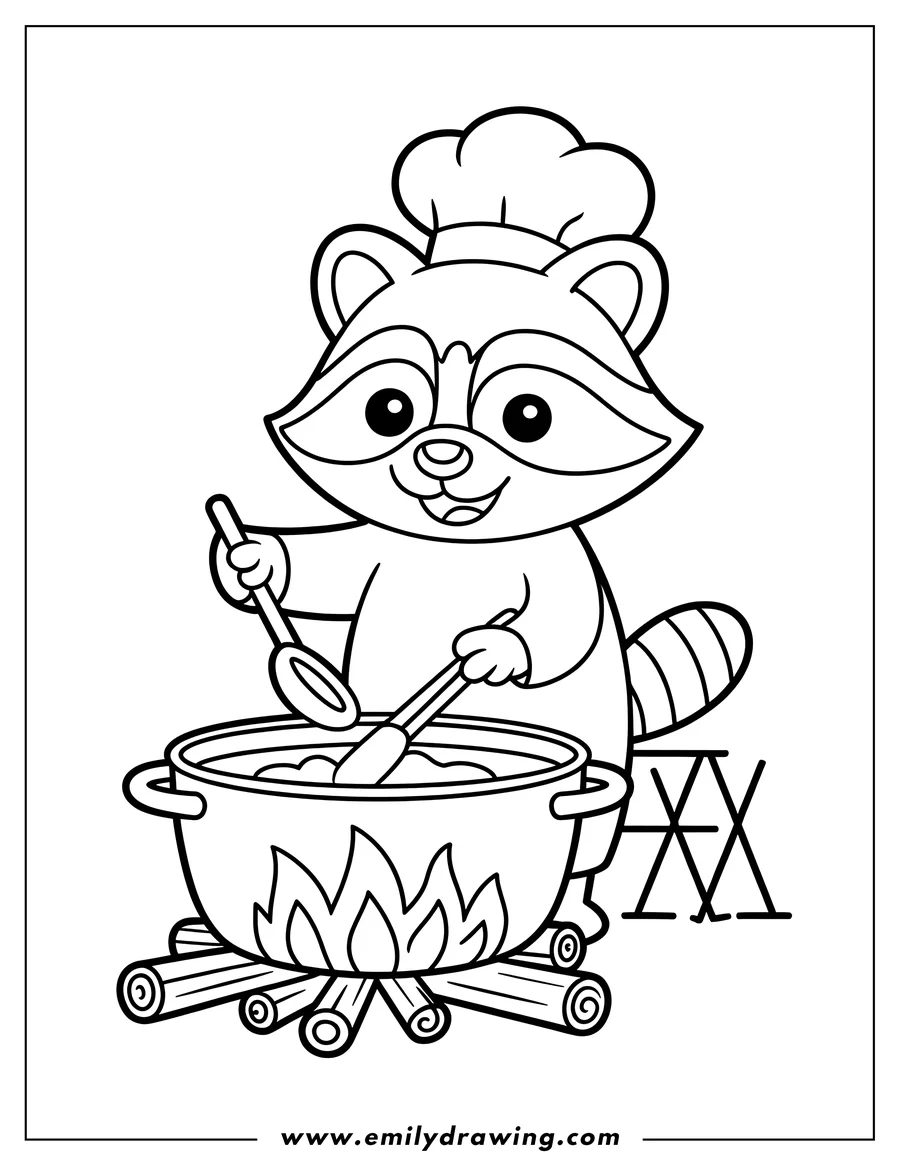 Line art of a raccoon wearing a chef's hat, stirring a pot over a campfire.  Logs form the base of the fire.