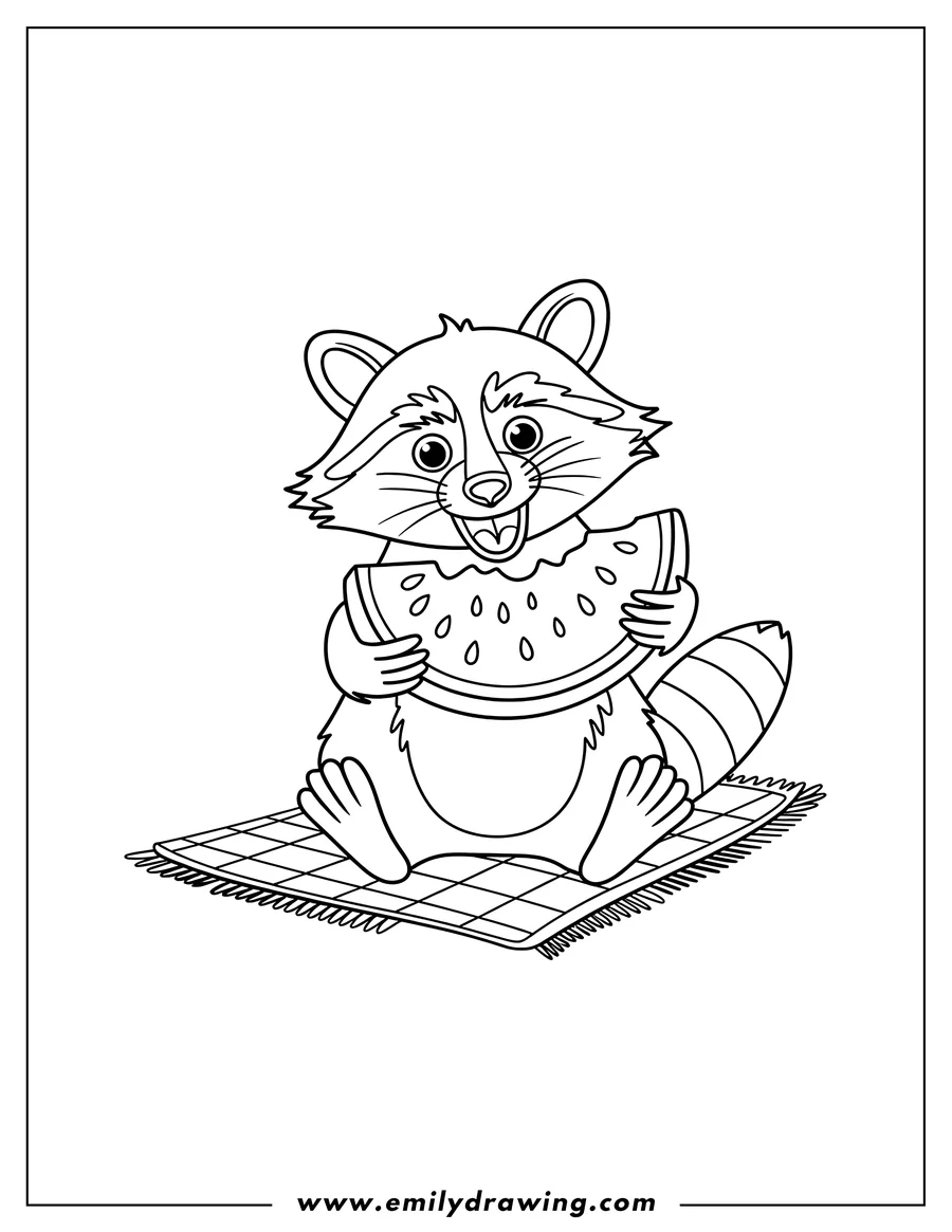 Line art of a raccoon sitting on a blanket and eating a slice of watermelon.