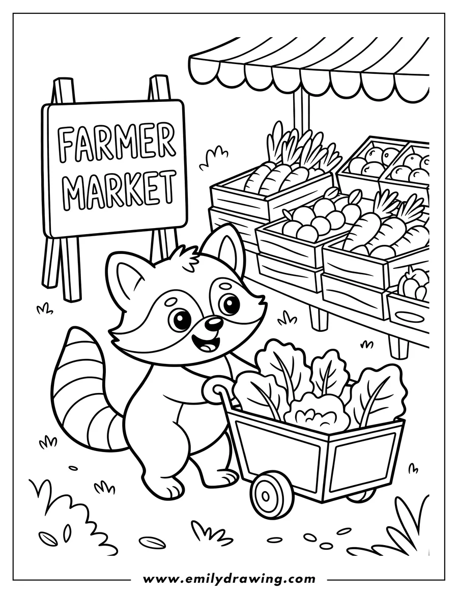 Outline of a raccoon pulling a wagon of lettuce at a farmer's market. Crates of carrots, apples, and other produce are visible at the market stall.