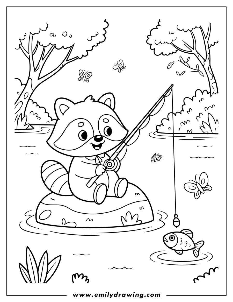 Outline of a raccoon sitting on a rock in the water, fishing with a rod. A small fish is near the hook.