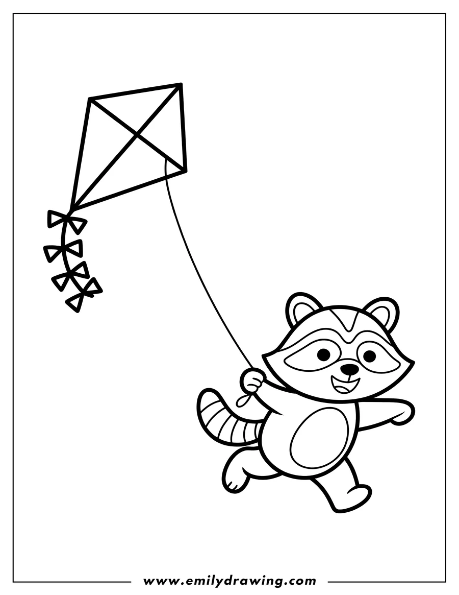 Line art of a raccoon running with a kite. The kite has a simple diamond shape and a tail made of bows. The raccoon is smiling and its striped tail is visible as it runs.