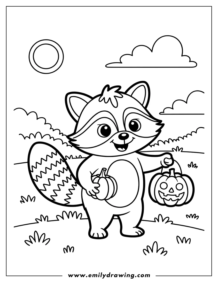 Line art of a raccoon holding a pumpkin and a jack-o'-lantern in a grassy field, ready for Halloween.