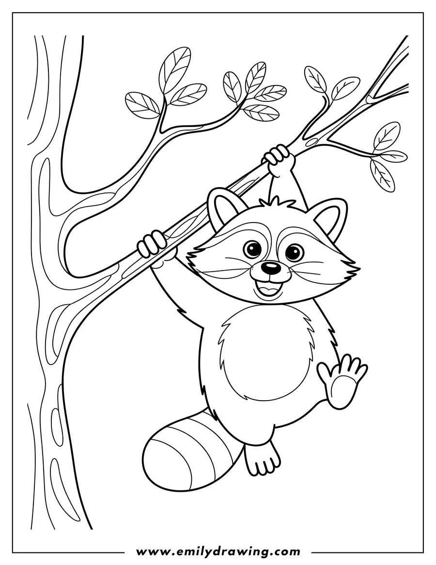 Line art of a raccoon hanging from a tree branch. It has a striped tail and looks happy.