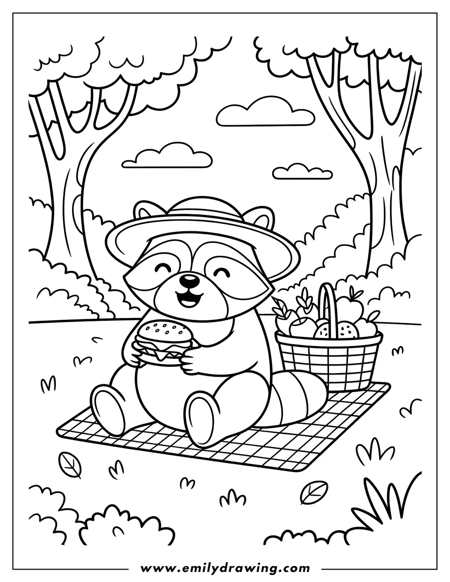 Outline of a raccoon wearing a hat, sitting on a picnic blanket, eating a burger with a basket of fruit beside him.