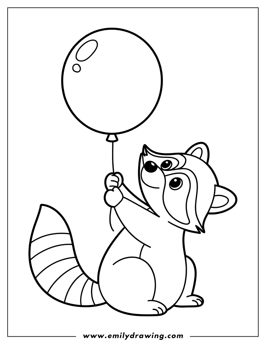 Outline of a raccoon holding a balloon with its front paws.