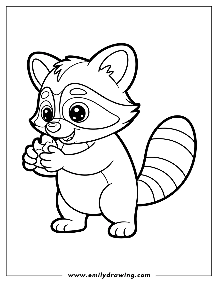 Line art of a raccoon holding a cookie. It has large eyes, a little nose, and a smile. The raccoon's tail has stripes.