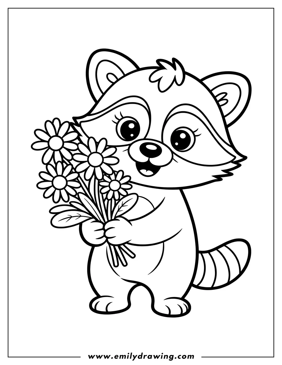 Outline of a raccoon holding a bouquet of flowers.