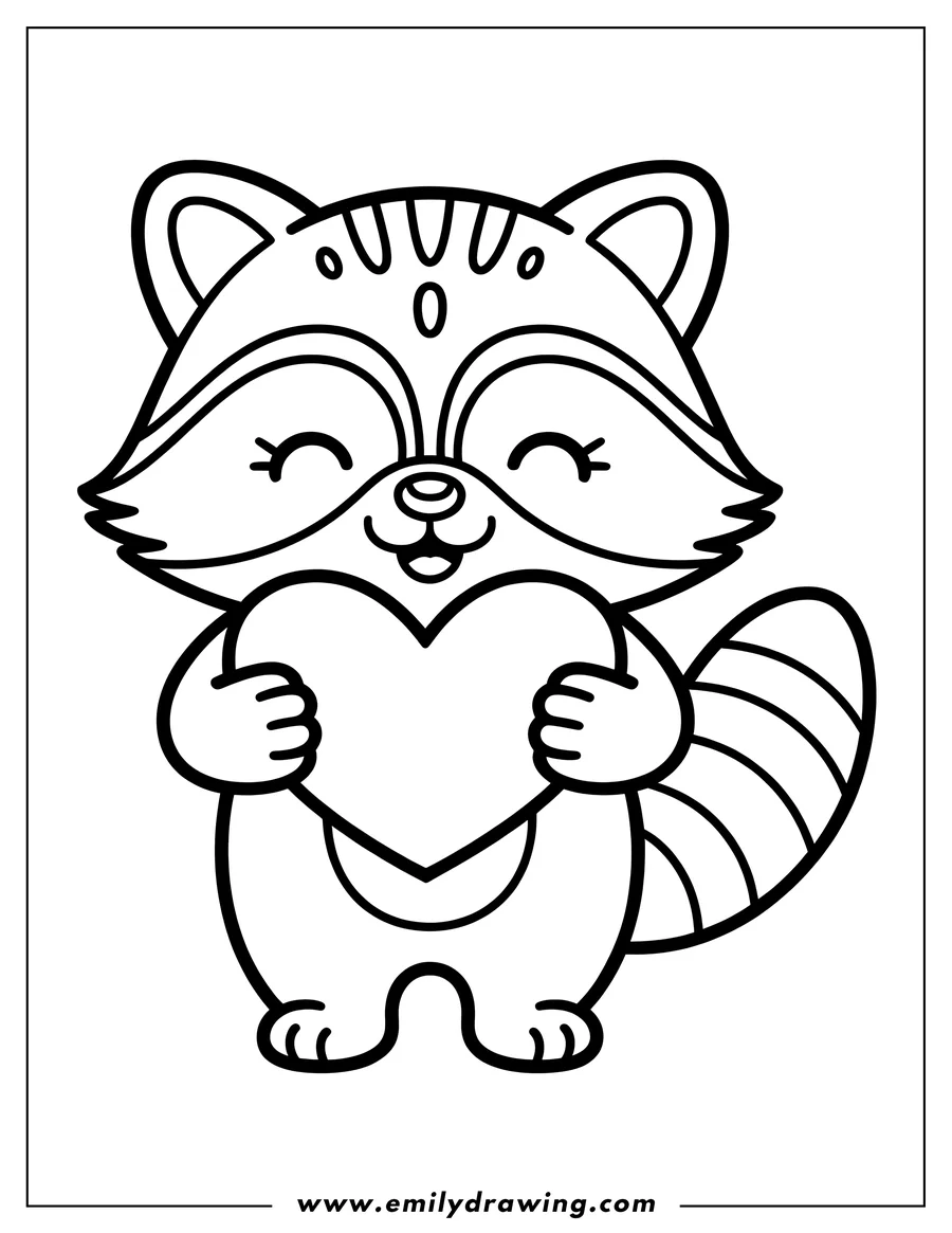 Outline of a raccoon holding a large heart in its paws.