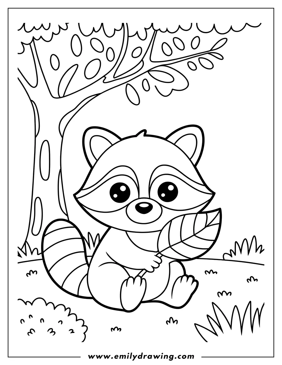 Outline of a raccoon sitting and holding a large leaf under a tree.