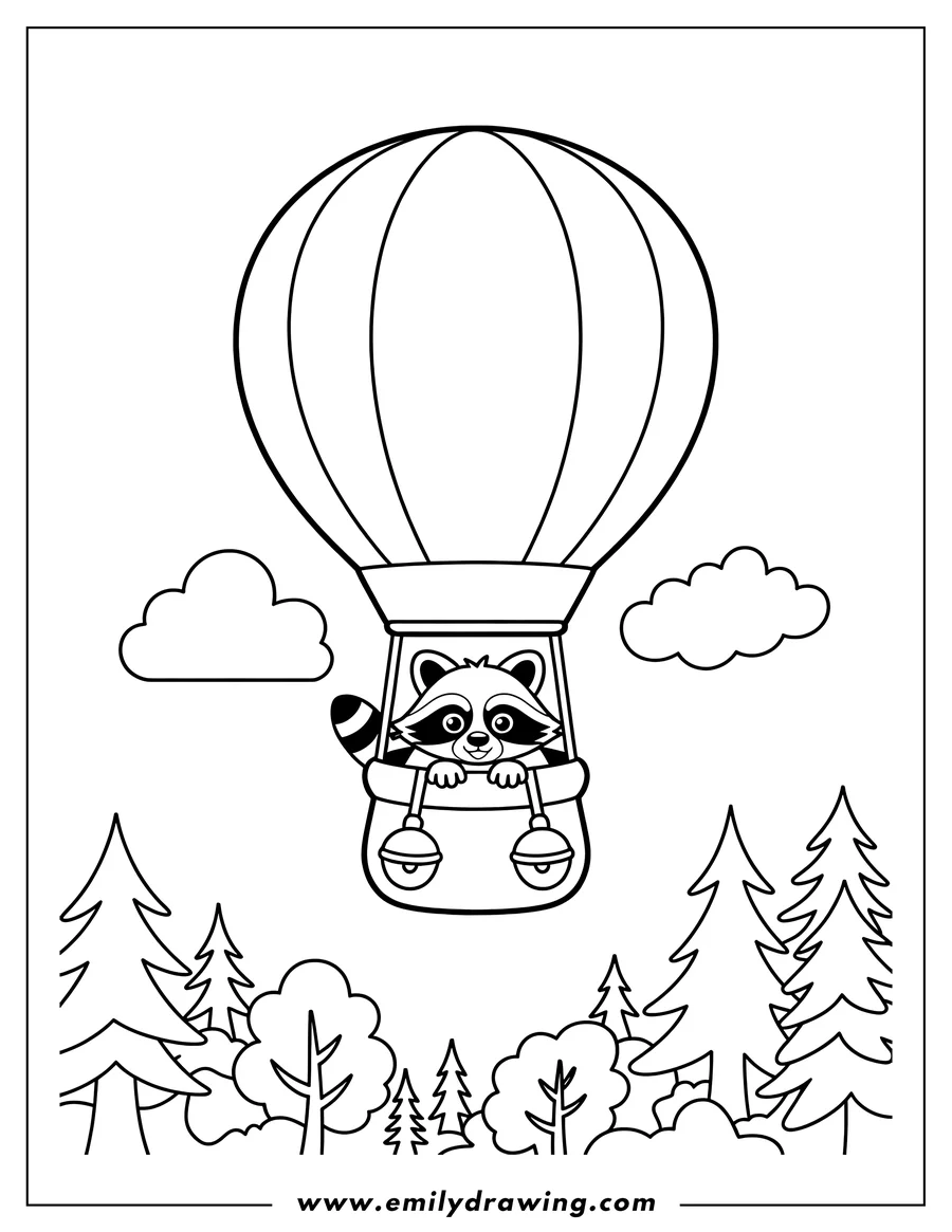 Outline of a raccoon riding in a hot air balloon basket over a forest.