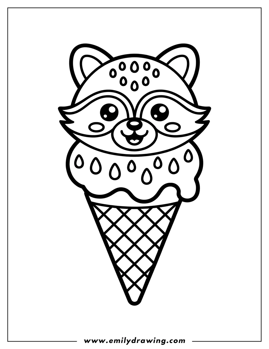 Line art of a raccoon's face as an ice cream scoop on a waffle cone. The ice cream is dripping.