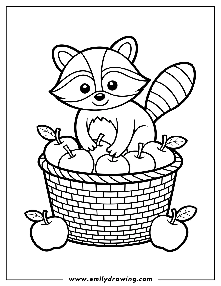 Outline of a raccoon sitting in a basket of apples.