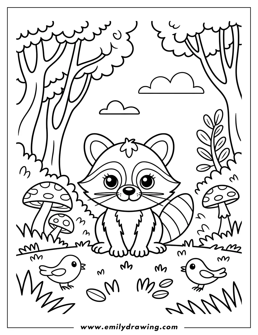 Line art of a raccoon sitting in a forest clearing, with two small birds nearby and mushrooms in the background.