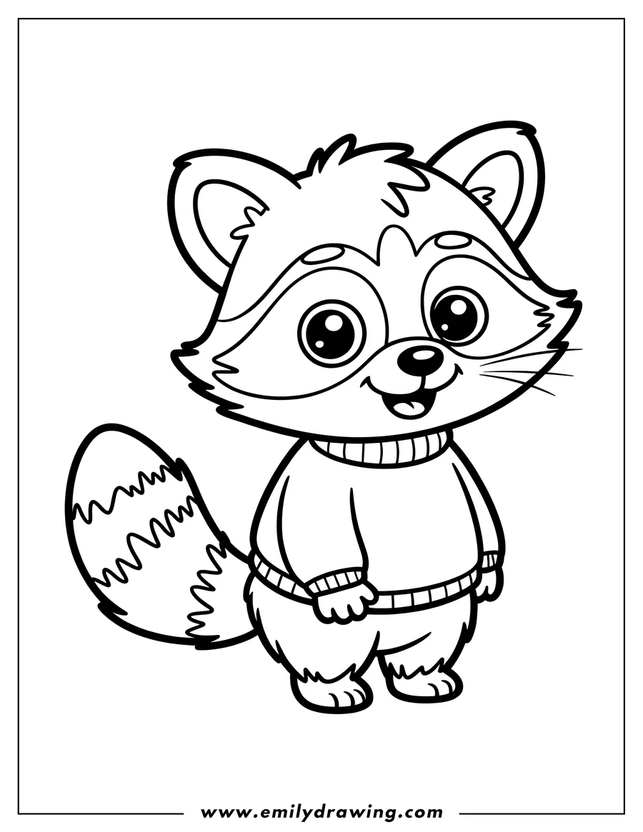 Outline of a raccoon wearing a cozy sweater.
