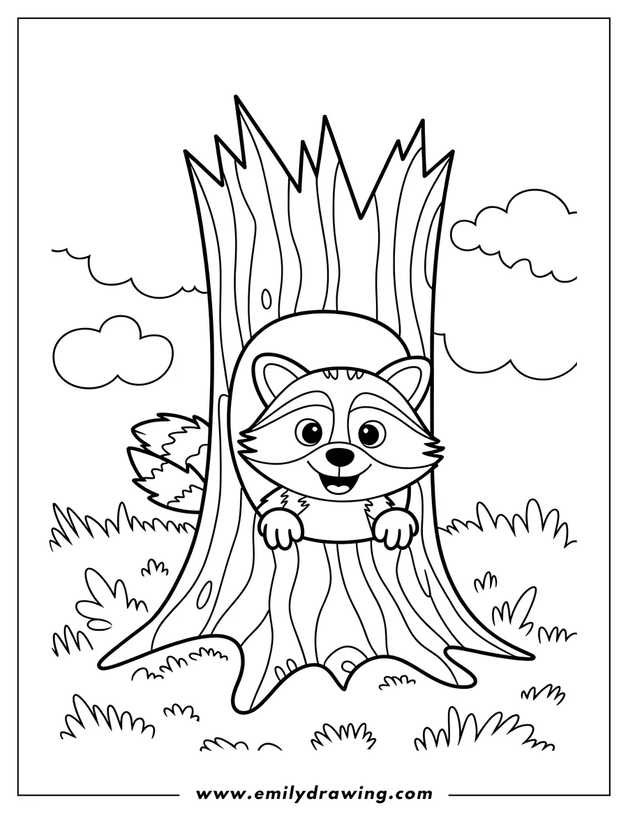 Outline of a raccoon peeking out of a tree trunk hole in a grassy area with clouds.
