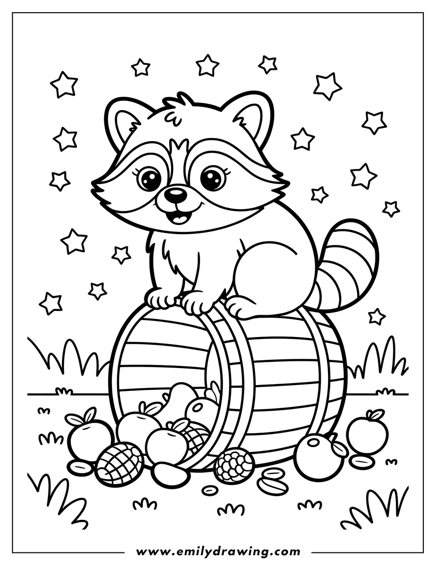 Outline of a raccoon sitting on top of a barrel filled with various fruits, including apples, a pineapple, and berries. Additional fruits are scattered on the ground beside the barrel.