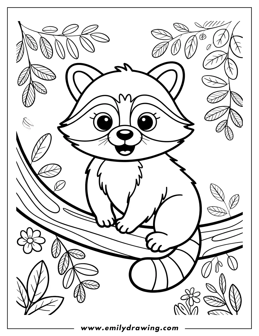 Outline of a raccoon sitting on a tree branch surrounded by leaves.