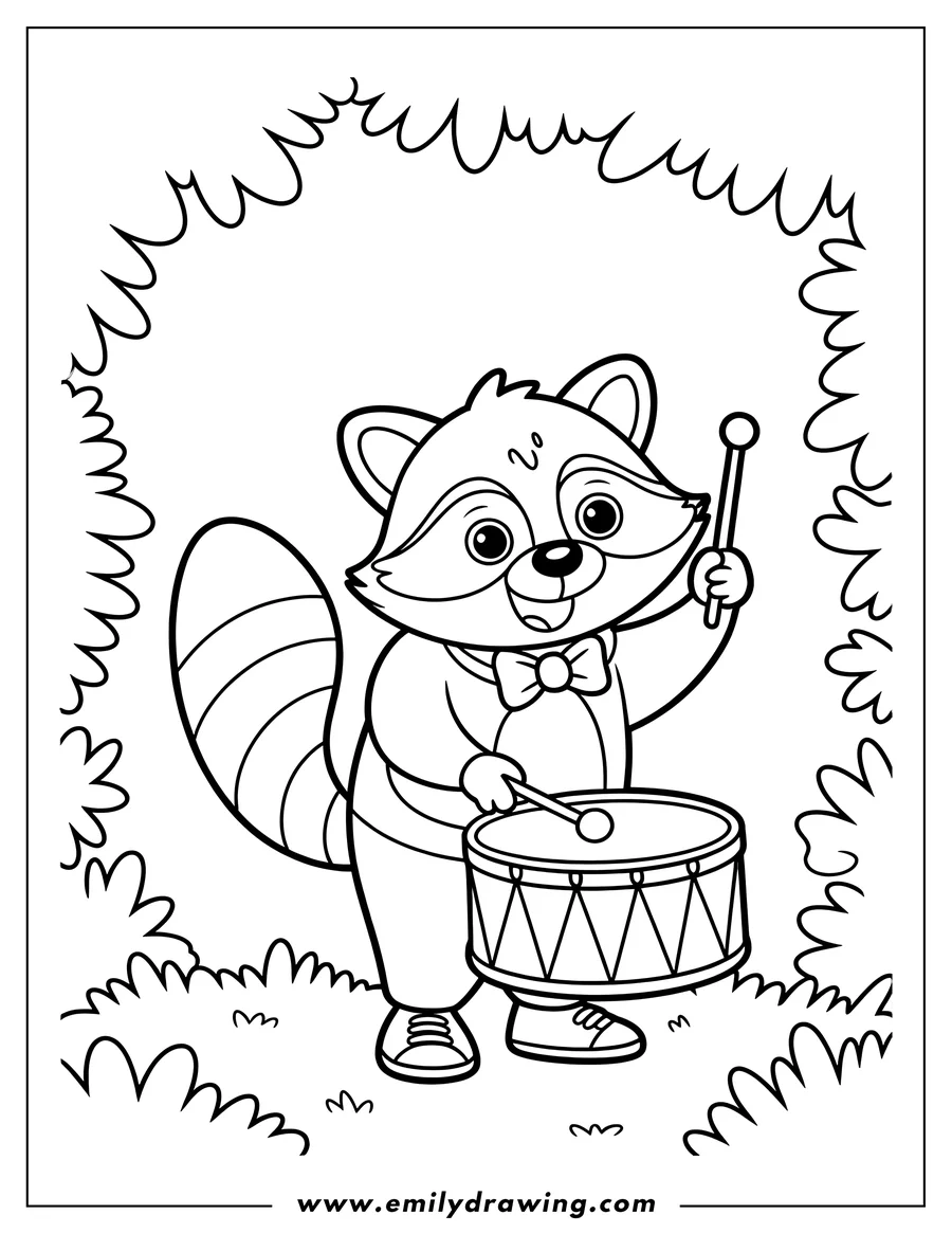 Line art of a raccoon wearing a bow tie and playing the drums. He holds drumsticks and looks happy.