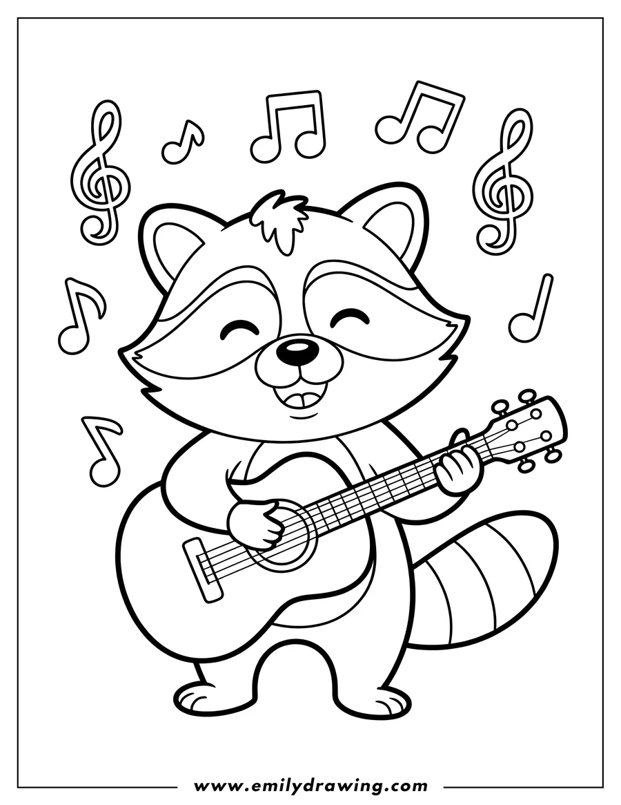 Line art of a raccoon playing a guitar with musical notes floating around it.