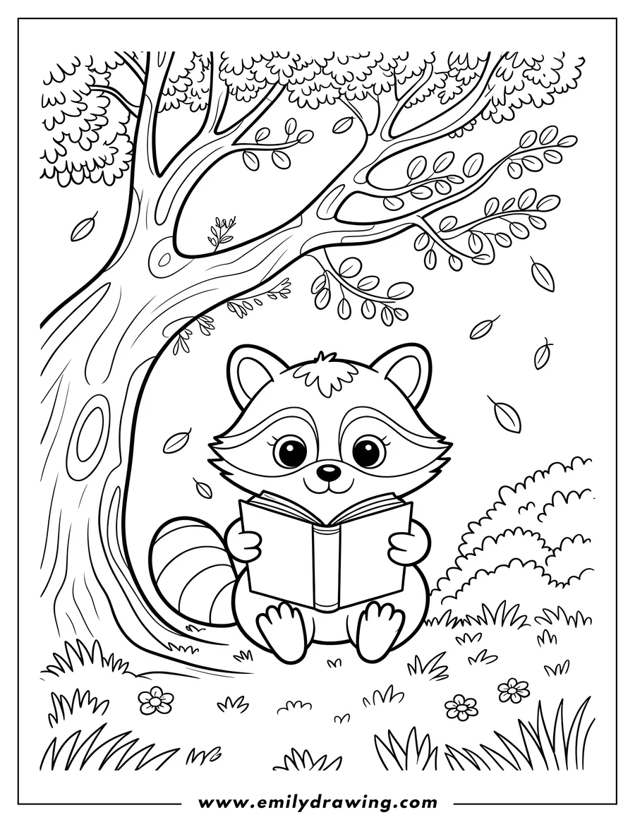 Outline of a raccoon sitting under a tree reading a book. Leaves are falling around it.