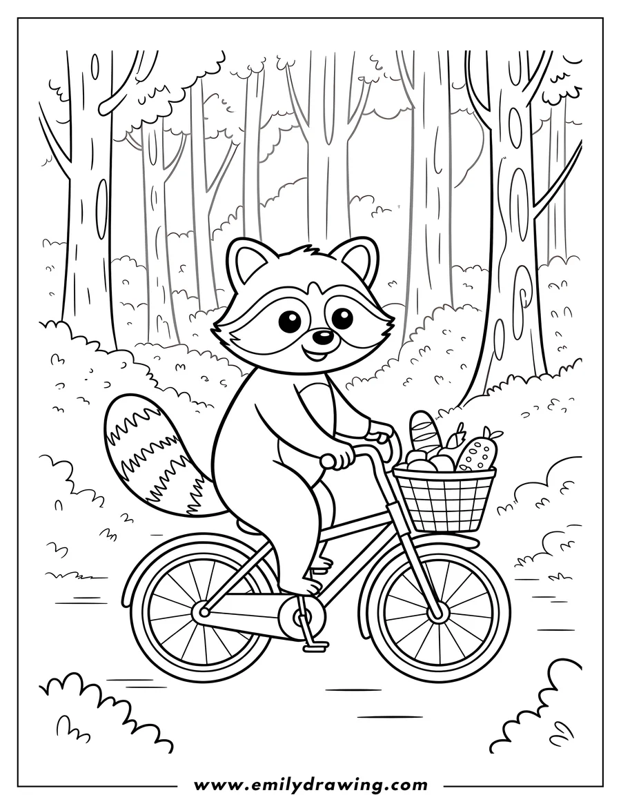 Outline of a raccoon riding a bicycle through a forest, with a basket of groceries on the handlebars.