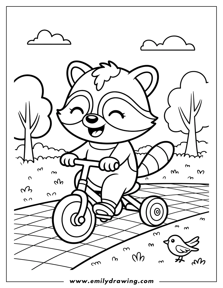 Line art of a raccoon riding a tricycle in the park with a bird watching nearby.