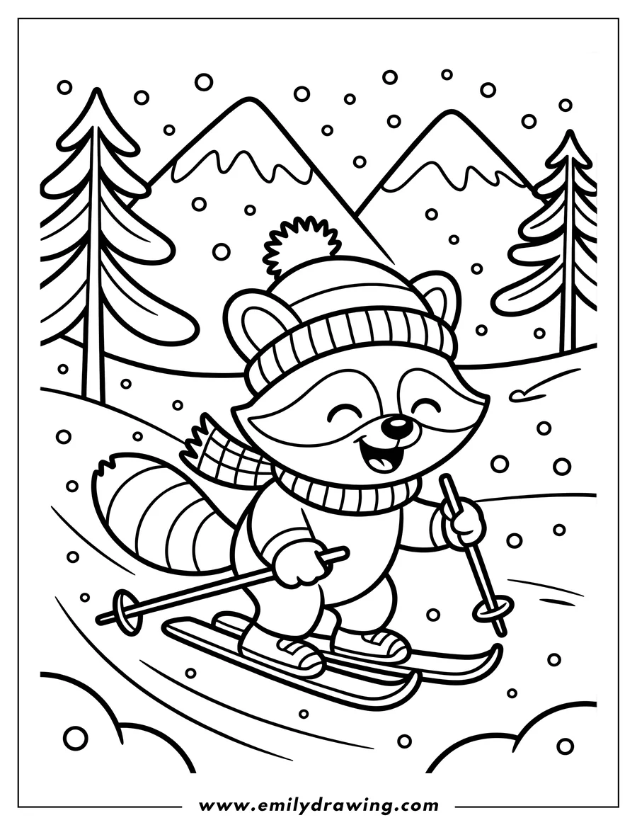 Line art of a raccoon wearing a winter hat and scarf, happily skiing down a snowy slope with trees and mountains in the background.