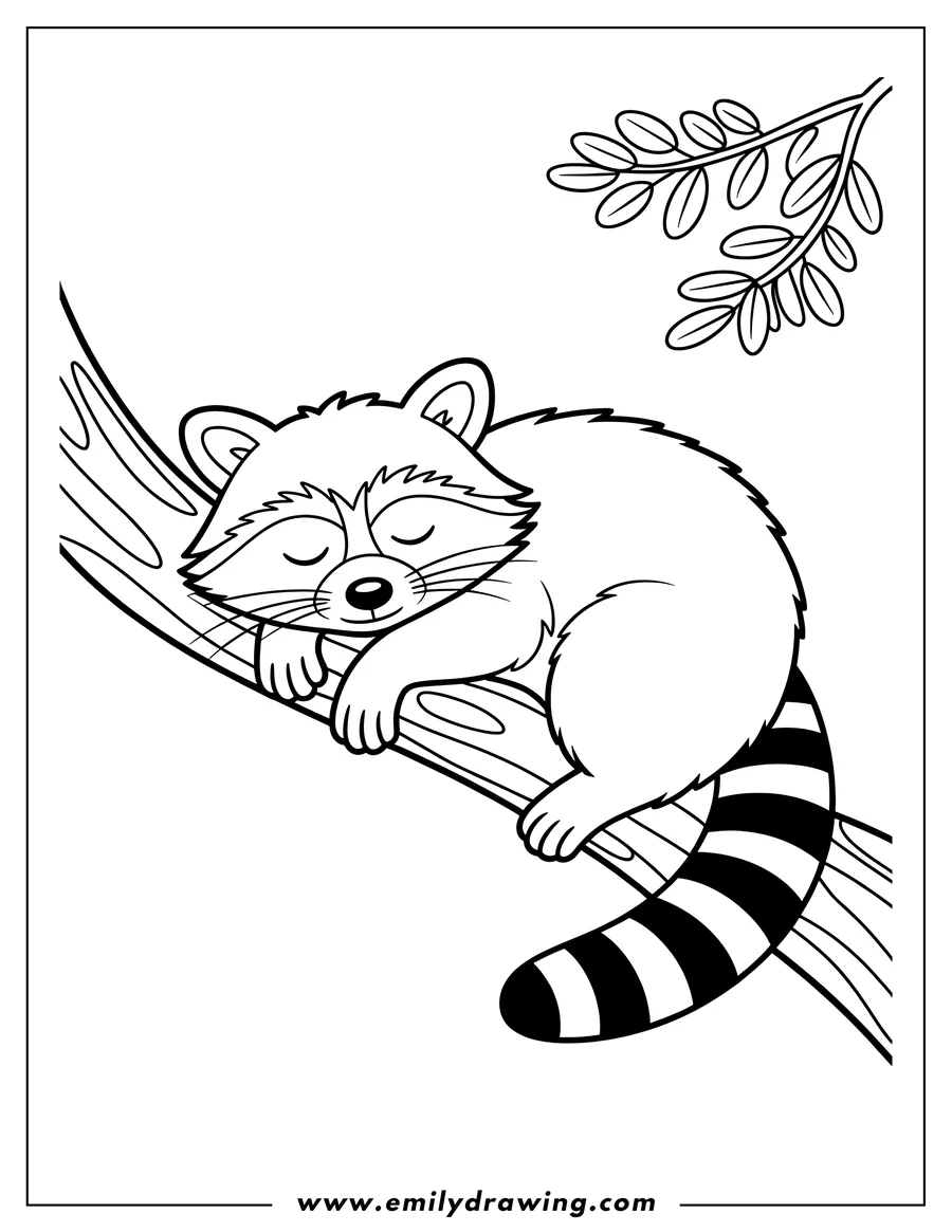 Outline of a raccoon sleeping on a tree branch. Its striped tail hangs down.