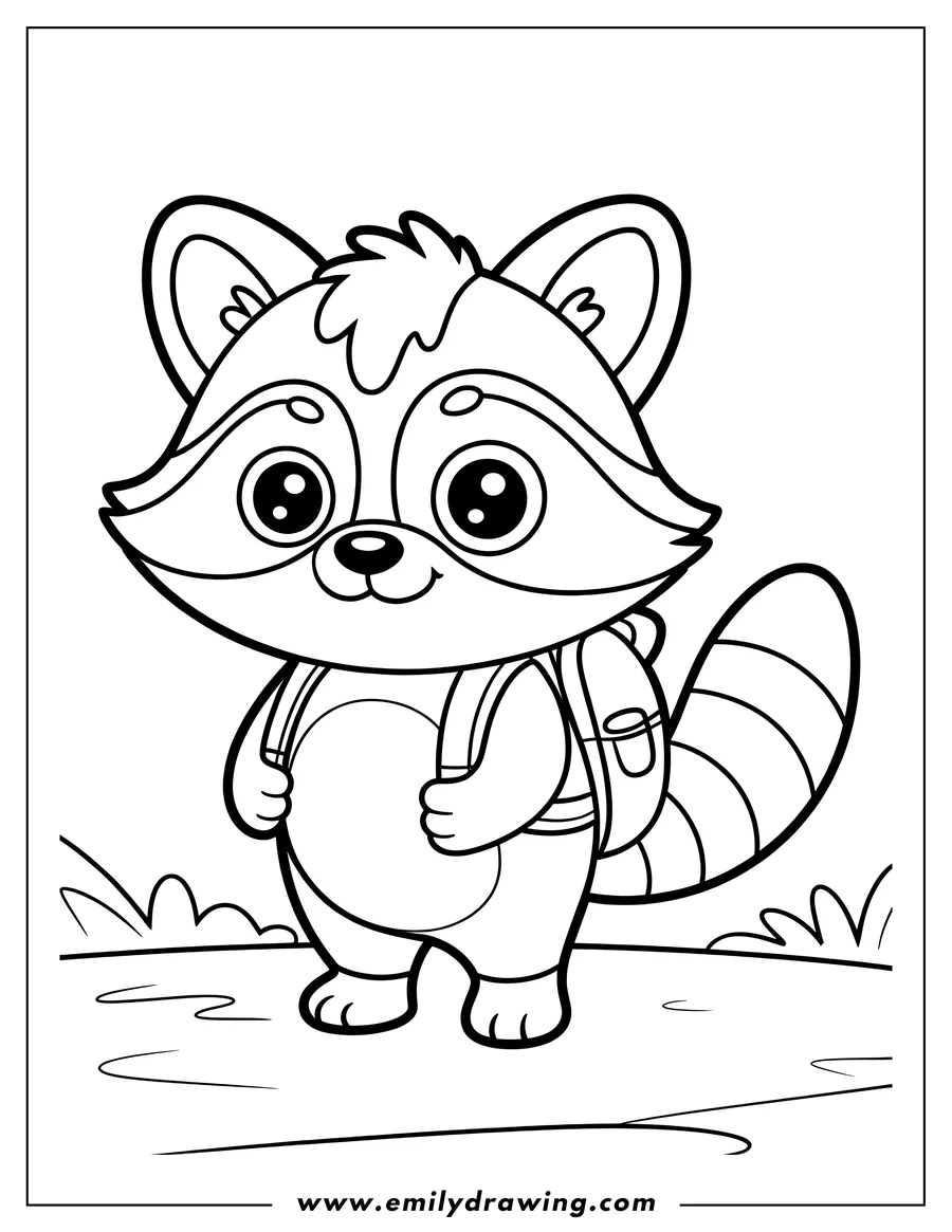 Outline of a raccoon wearing a backpack, ready for an adventure.