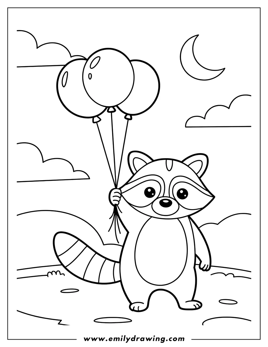 Outline of a raccoon holding three balloons, standing on the ground with a crescent moon and clouds in the background.