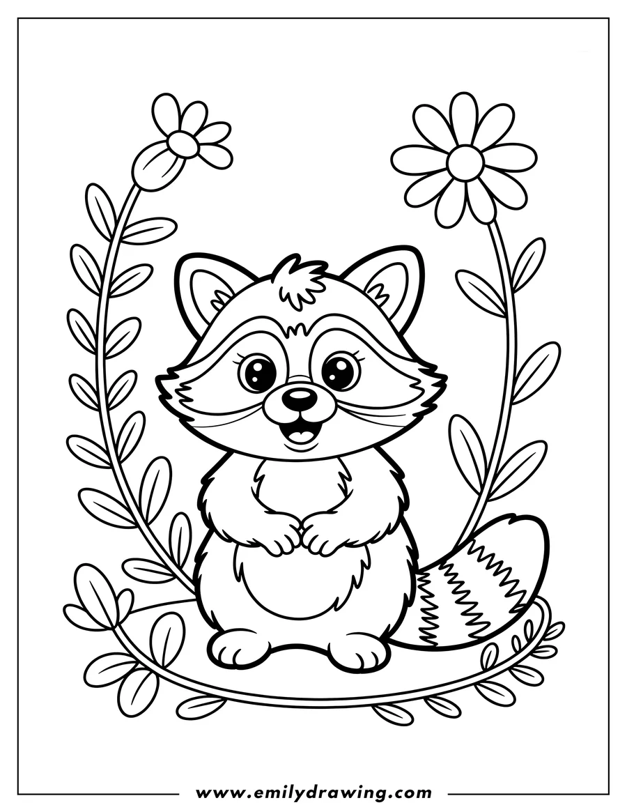 Outline of a raccoon standing within a simple frame of flowers and leaves.