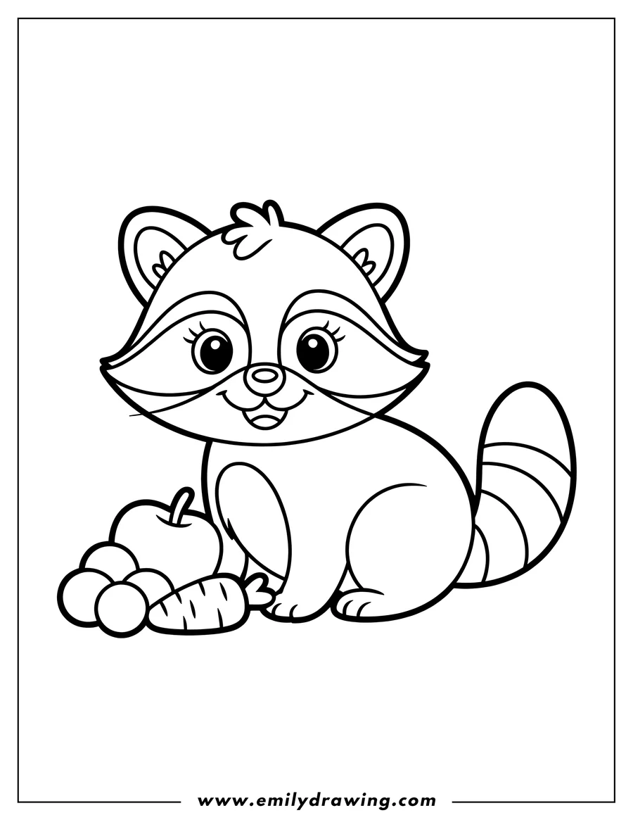 Outline of a raccoon sitting with an apple, berries, and a carrot.