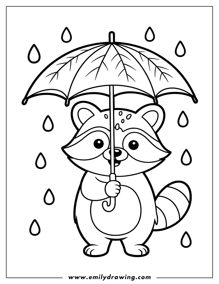 Outline of a raccoon holding an umbrella in the rain. Raindrops are falling around it.