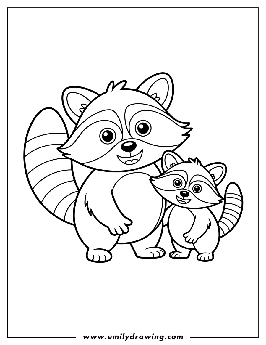 Outline of two raccoons, a larger one and a smaller baby raccoon, standing side by side.