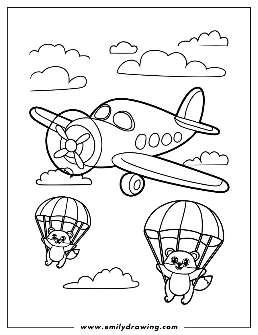Outline of two raccoons parachuting from a plane with fluffy clouds in the background.