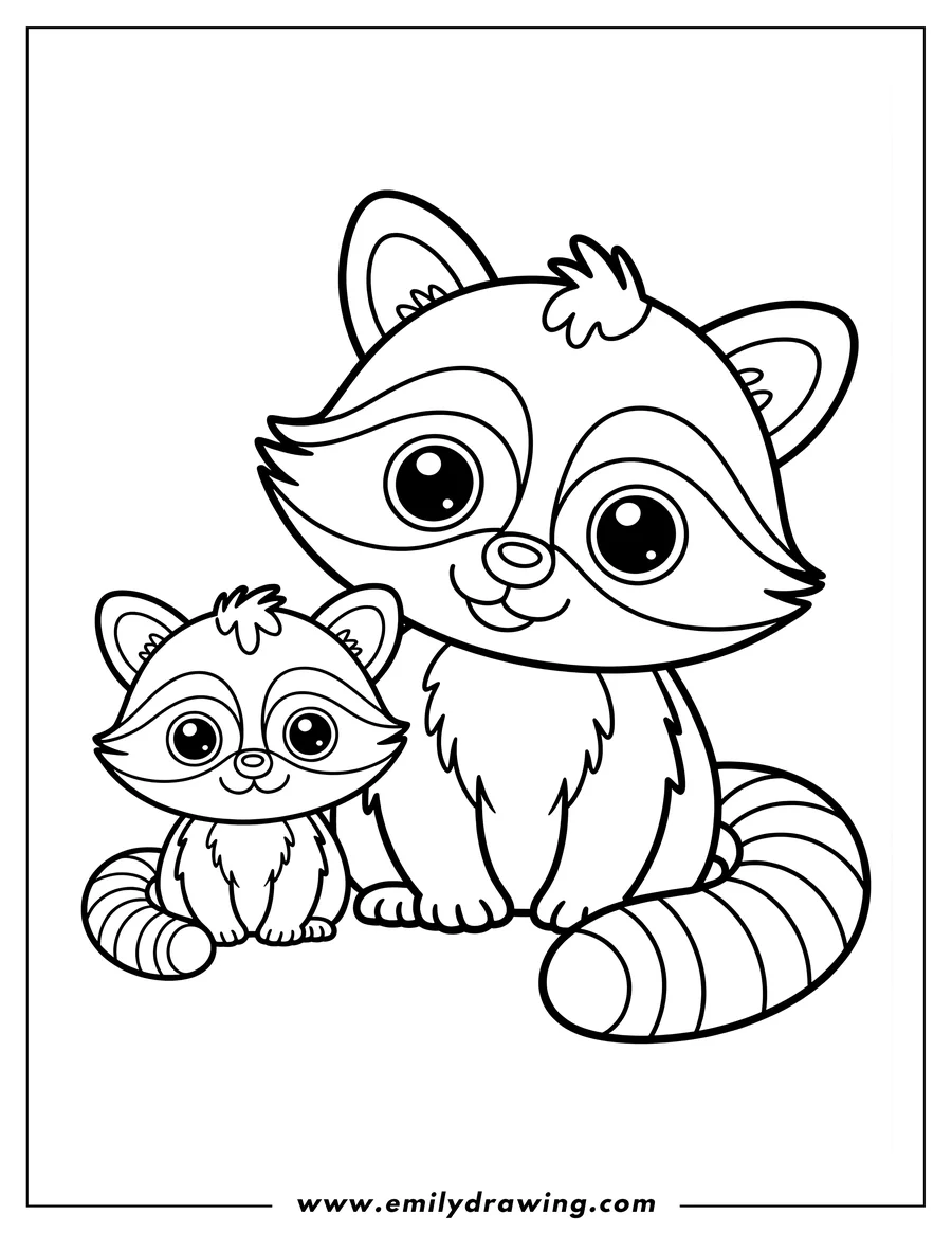 Outline of two raccoons sitting together. The larger raccoon is behind the smaller one, both have large eyes and striped tails.