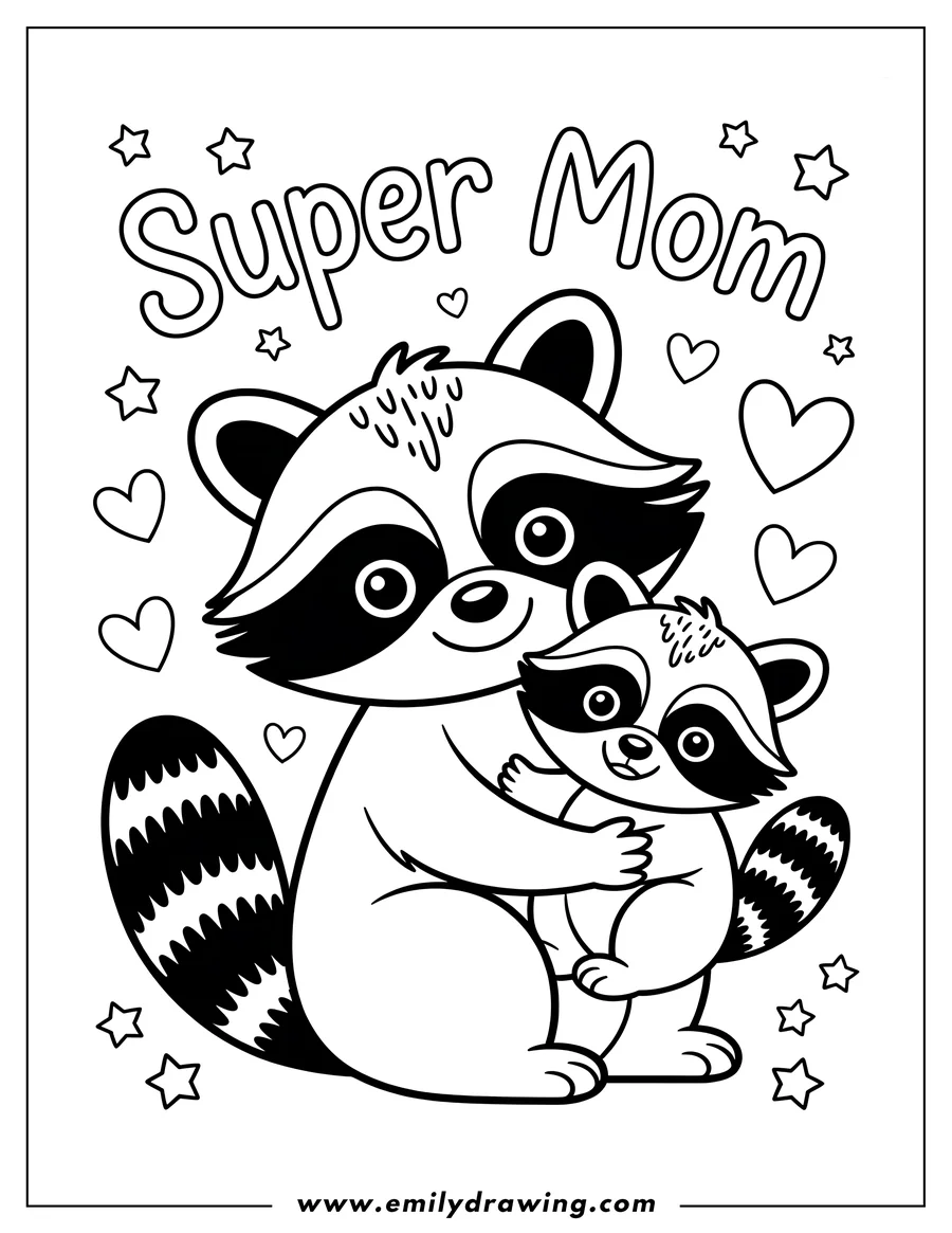 Outline of two raccoons hugging, surrounded by hearts and stars. Perfect for Mother's Day.