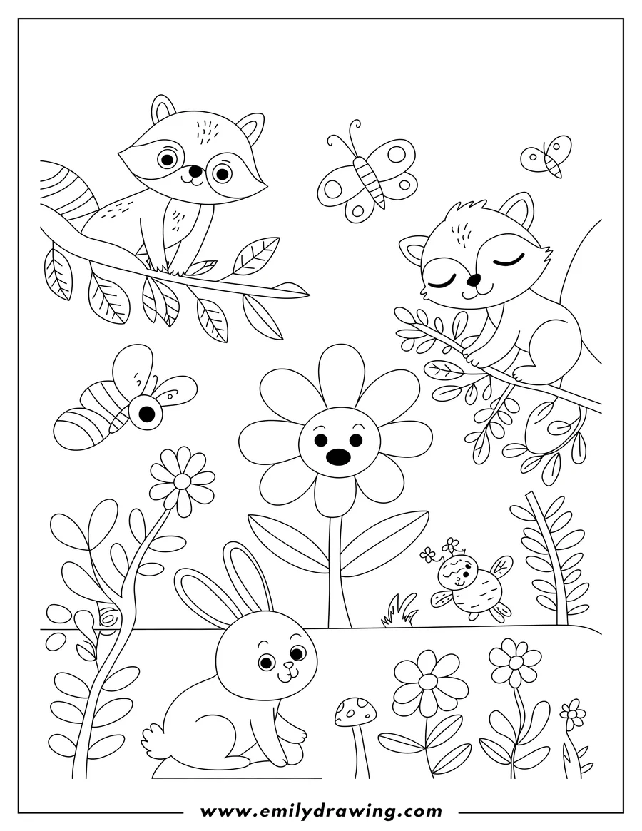 Outline of two raccoons, one sitting on a branch and the other sleeping, a rabbit looking at a mushroom, flowers, butterflies, and a bee in a garden setting.