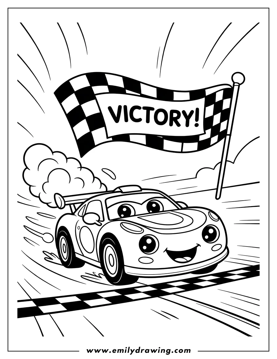 Line art of a smiling race car speeding across the finish line with a checkered victory flag waving.