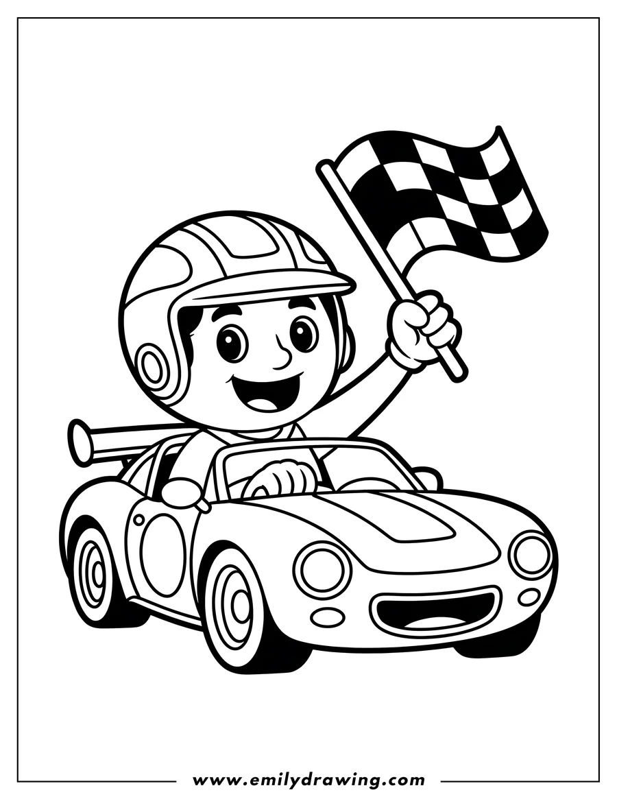 Line art of a race car driver waving a checkered flag from their car. The driver is wearing a helmet and smiling. The car has a spoiler.