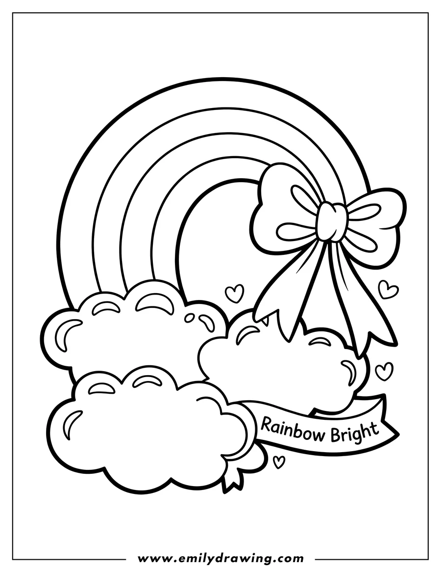 Line art of a rainbow with a bow, clouds, and small hearts.