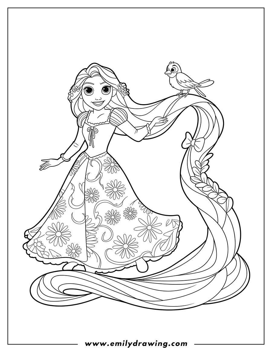 Line art of Rapunzel with her long hair and Pascal the chameleon perched on it.
