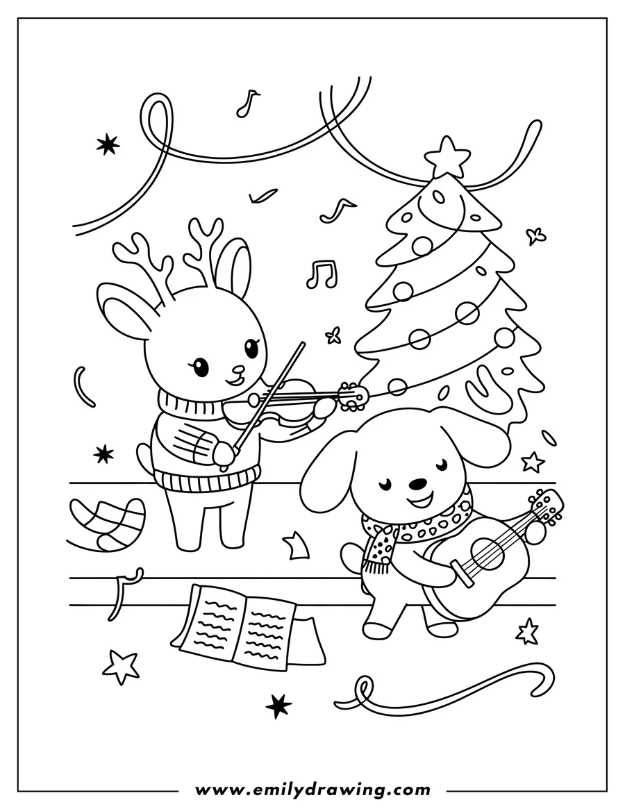 Line art of a reindeer playing the violin and a dog playing guitar near a decorated Christmas tree.  Musical notes float around them.