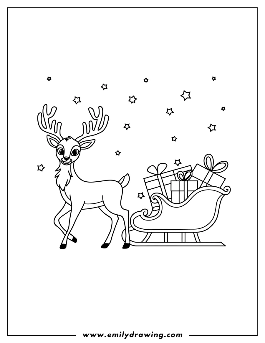 Line art of a reindeer standing next to a sleigh full of wrapped presents, with stars scattered around them.