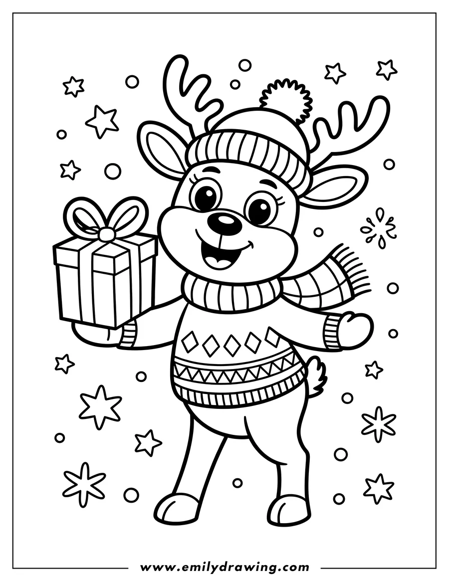 Line art of a reindeer wearing a winter hat and scarf, holding a wrapped present. Snowflakes and circles decorate the background.