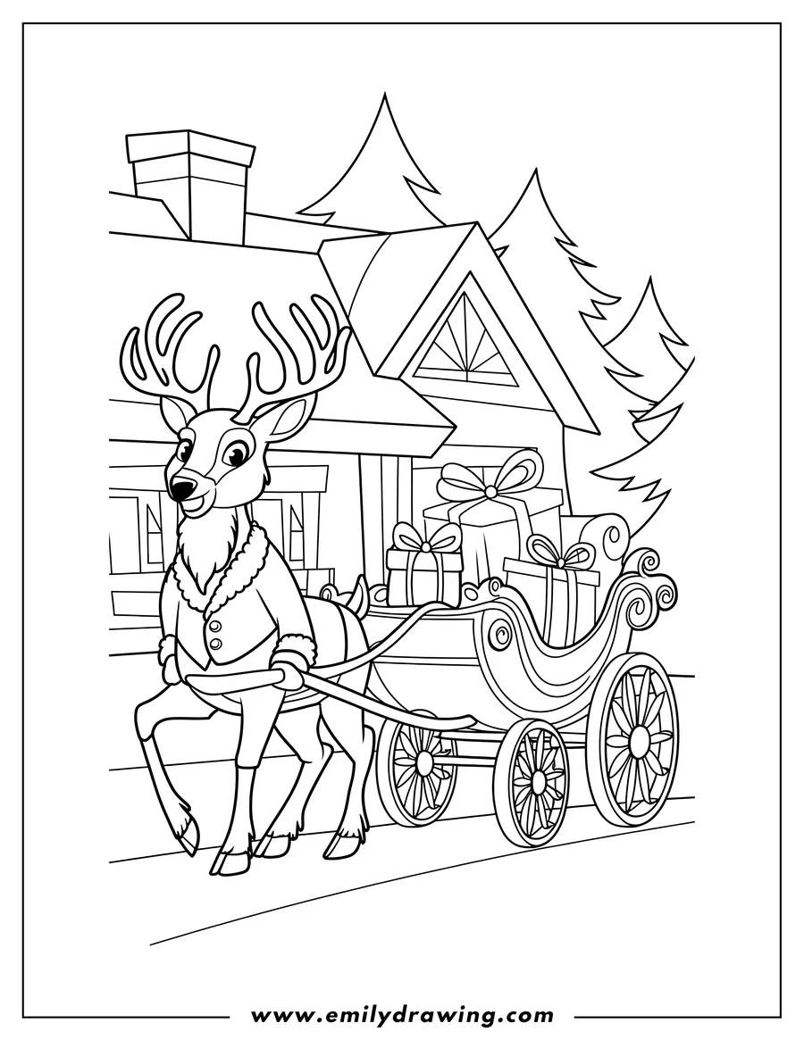 Outline of a reindeer pulling a carriage filled with wrapped Christmas gifts in front of a house.