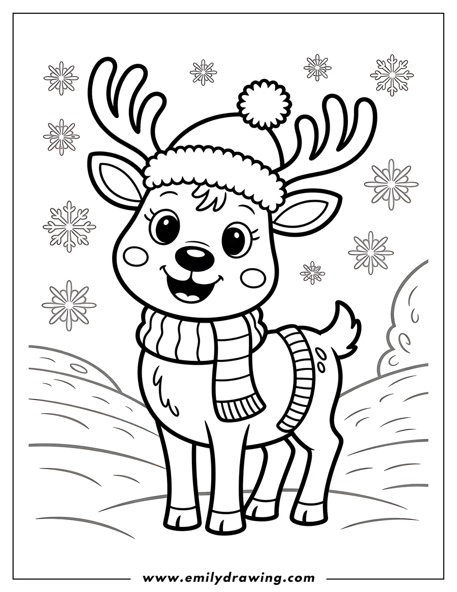Outline of a reindeer wearing a winter hat and scarf, with snowflakes falling around it.