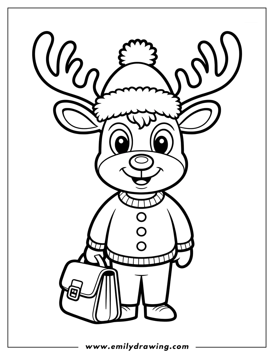 Outline of a reindeer wearing a winter hat, sweater, and holding a briefcase.